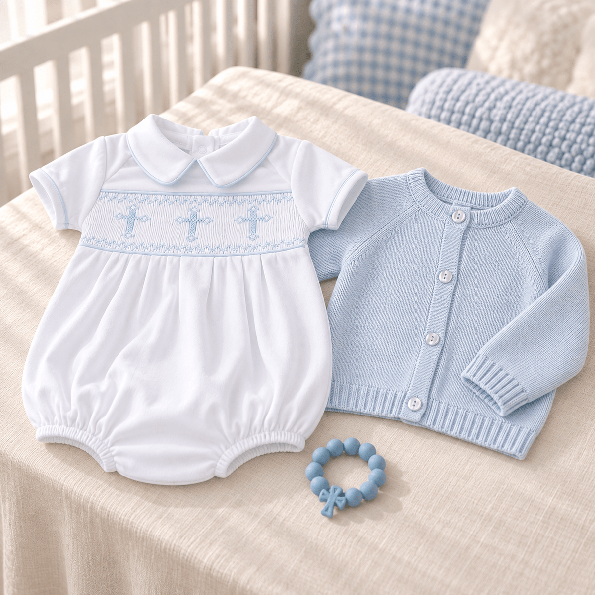 Magnolia Baby_Baby Boy Smocked Bubble + Cardigan Gift Set - Forever Blessed_1