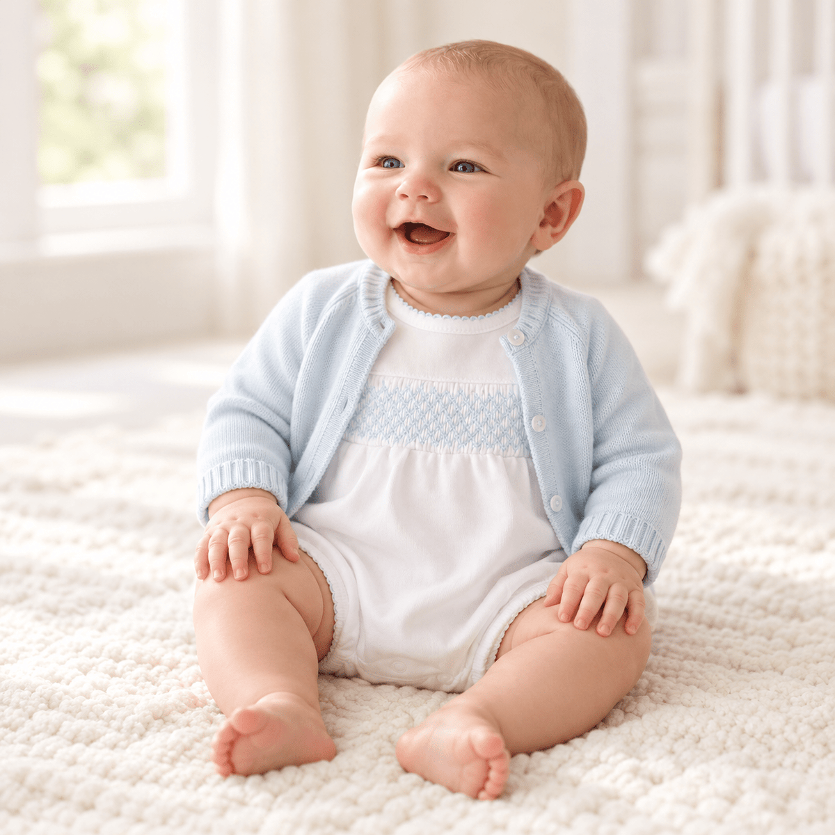 Magnolia Baby_Baby Boy Smocked Bubble + Cardigan Set - Essentials White with Blue Trim_1