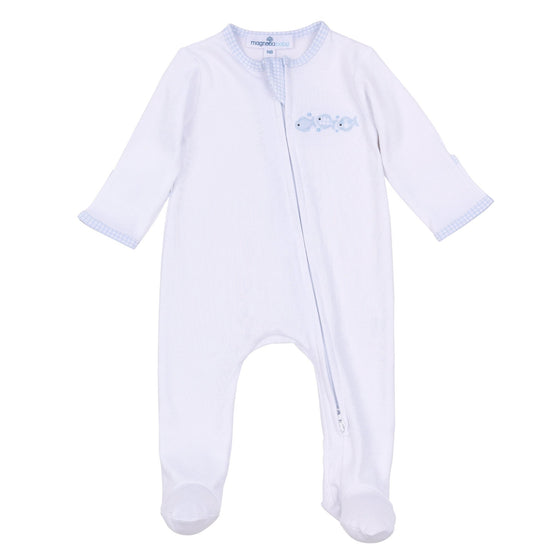 Baby Fish Applique Zip Footie - Light Blue - Magnolia BabyFootie