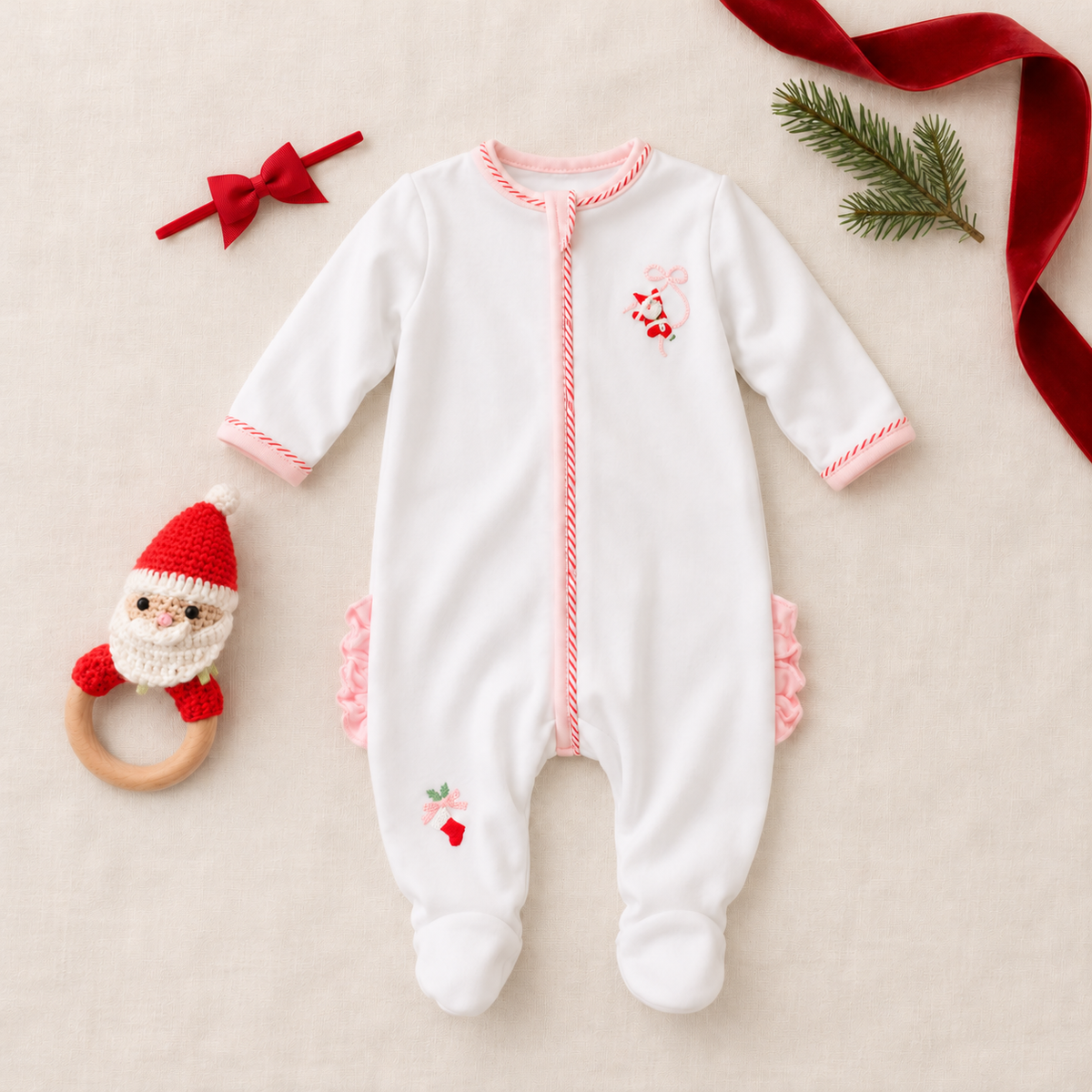 Baby Girl Christmas Footie Gift Set - Jolly Ribbons flatlay