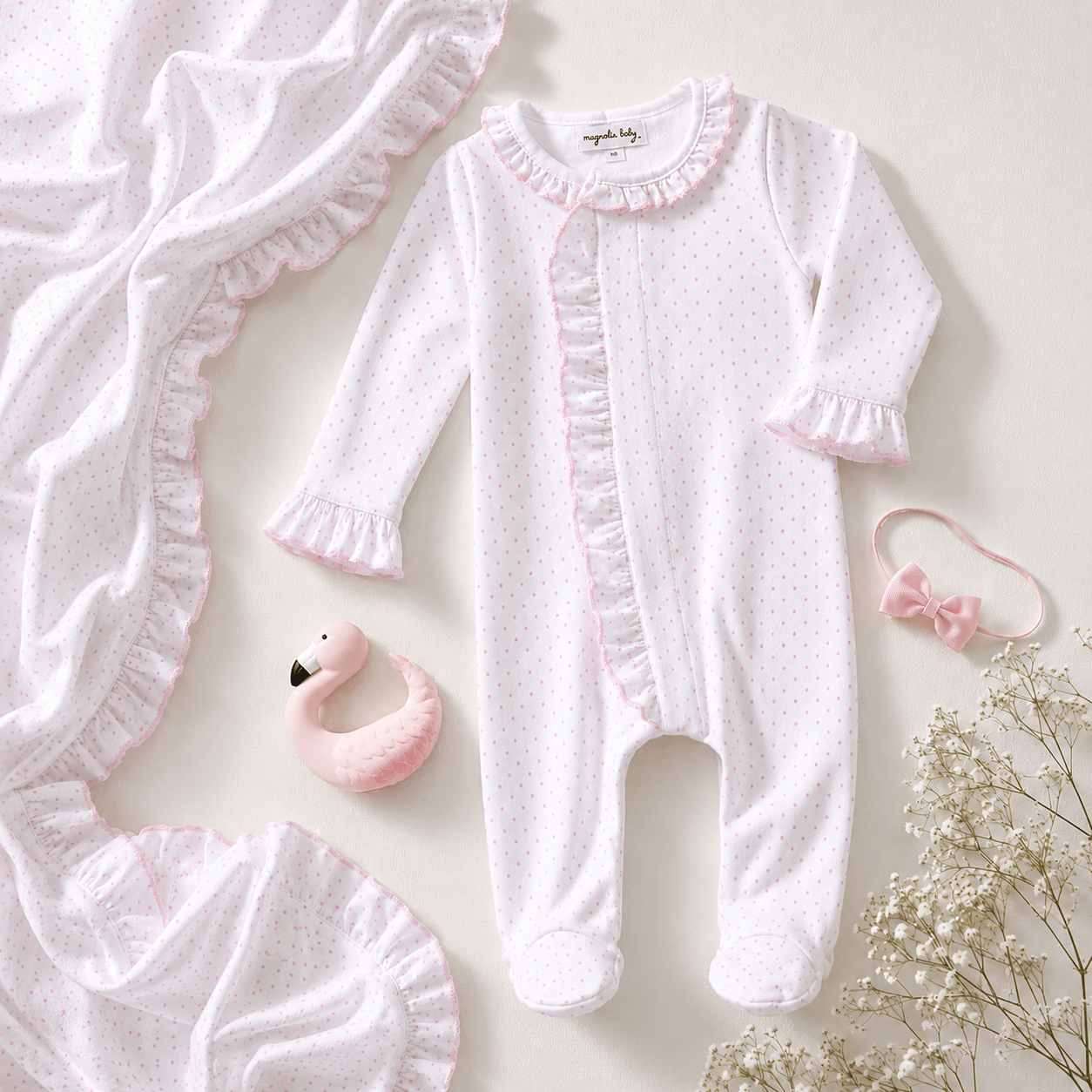 Baby Girl Footie Gift Set - Mini Dot Flamingo - Magnolia BabyFootie Gift Set