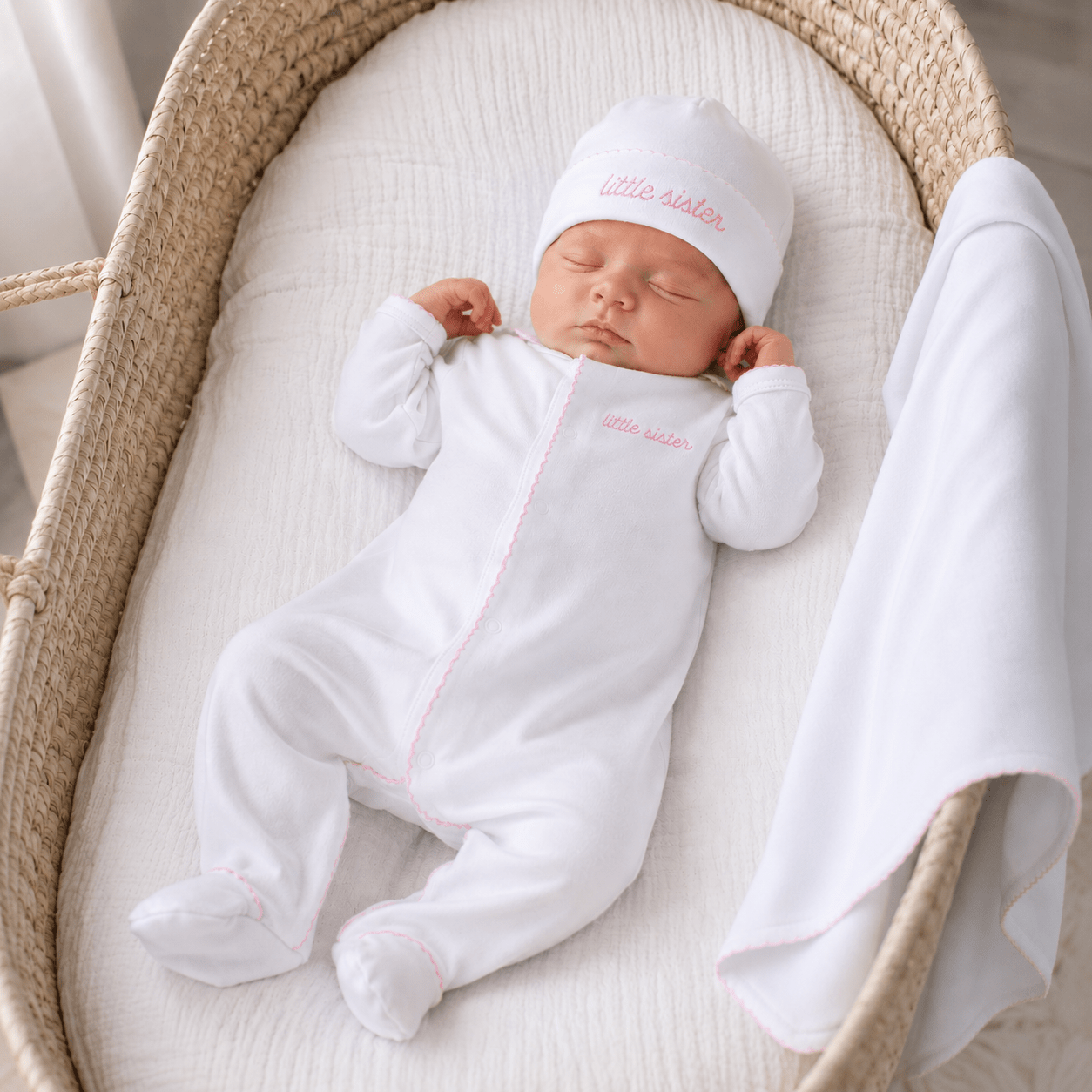 Baby Girl Little Sister Footie Take Me Home Set - Embroidered - Magnolia BabyFootie Gift Set