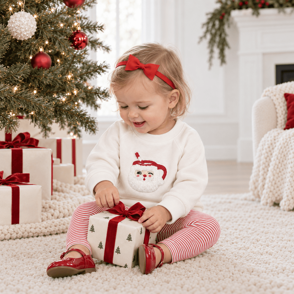 Luna and Arlo_Baby Girl Playwear - Santa's Treat's Sweatshirt and Red Striped Leggings_1