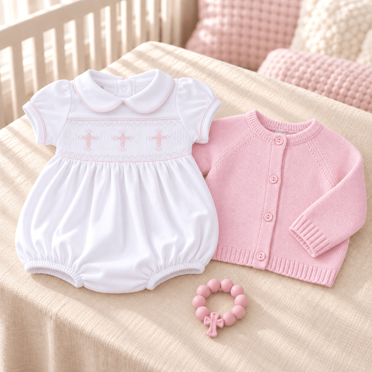 Magnolia Baby_Baby Girl Smocked Bubble + Cardigan Gift Set - Forever Blessed_1
