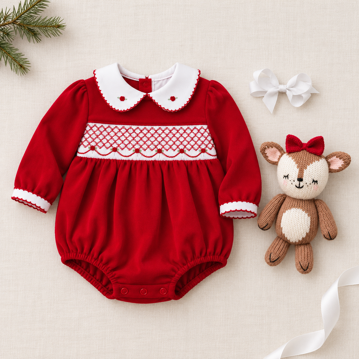 Baby Girl Smocked Christmas Bubble Gift Set - Millie flatlay