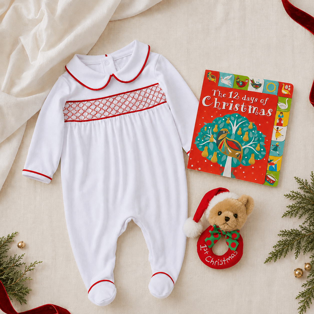 Magnolia Baby_Baby Girl Smocked Christmas Footie Gift Set - White with Red Trim_1