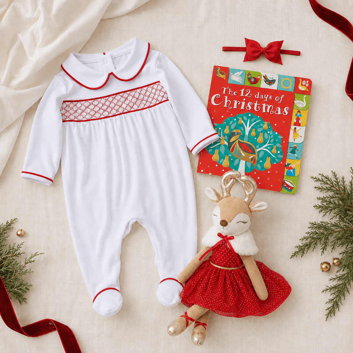 Magnolia Baby_Baby Girl Smocked Footie Christmas Gift Set - White and Red_1
