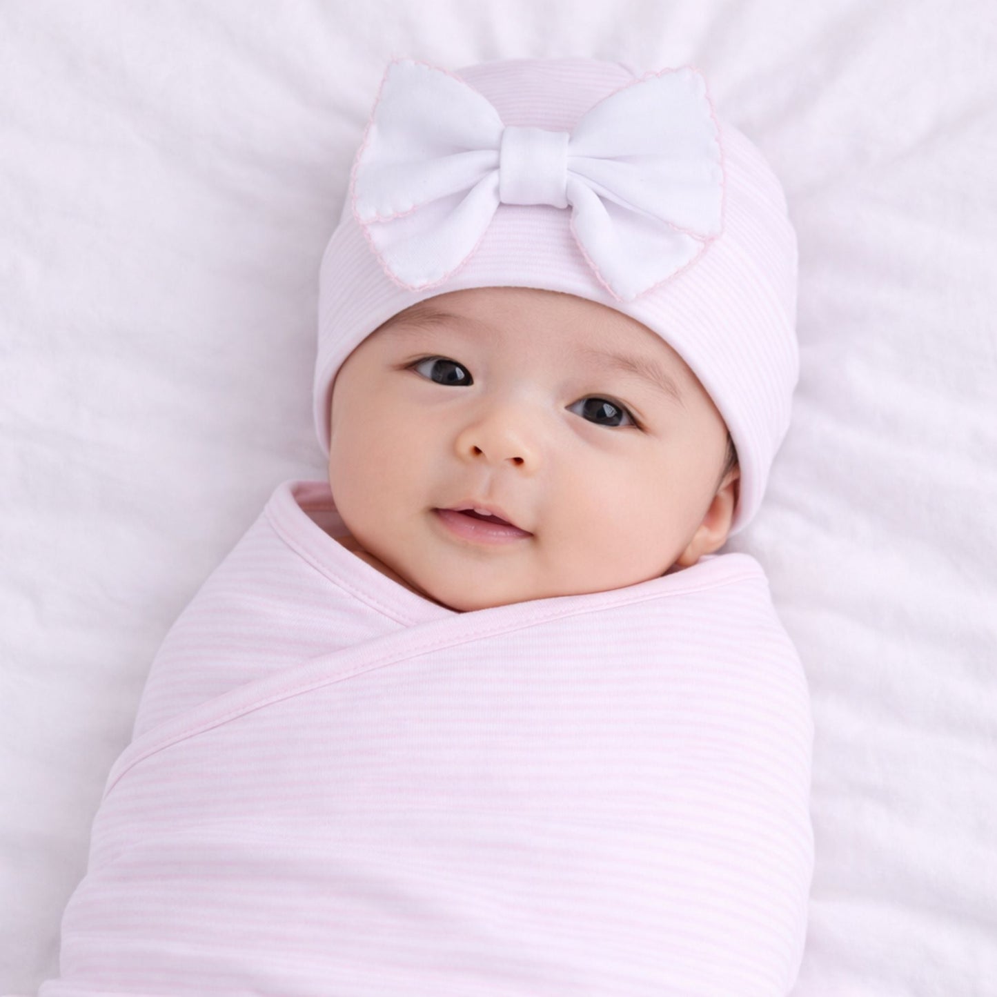Baby Girl Swaddle Set - Mini Stripes Bow Hat - Magnolia BabyBaby Gift Set