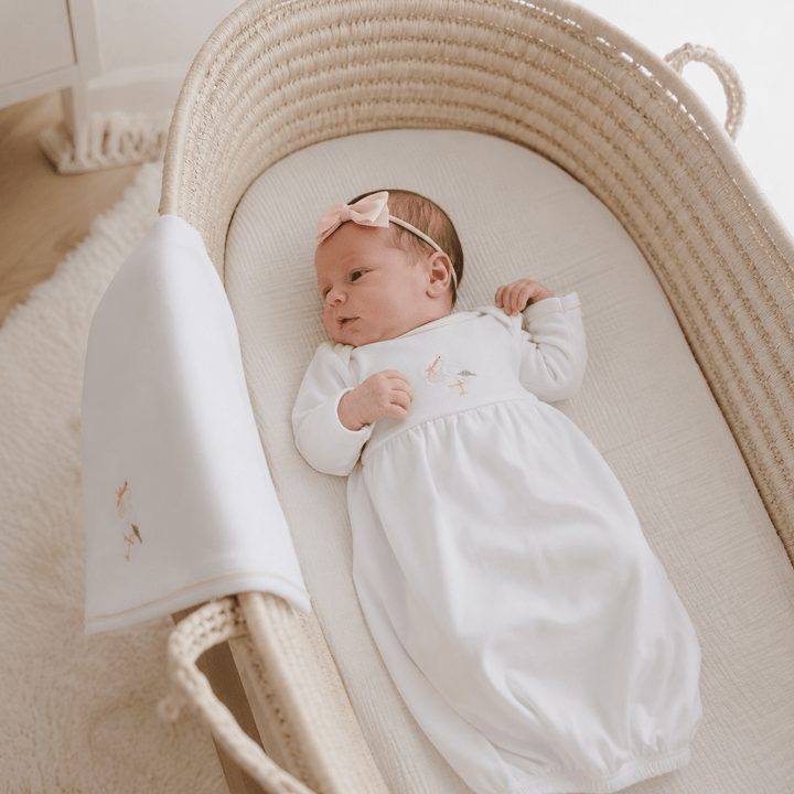 Baby Girl Take Me Home Set - Hand - Embroidered Vintage Stork Gown - Magnolia BabyGown Gift Set