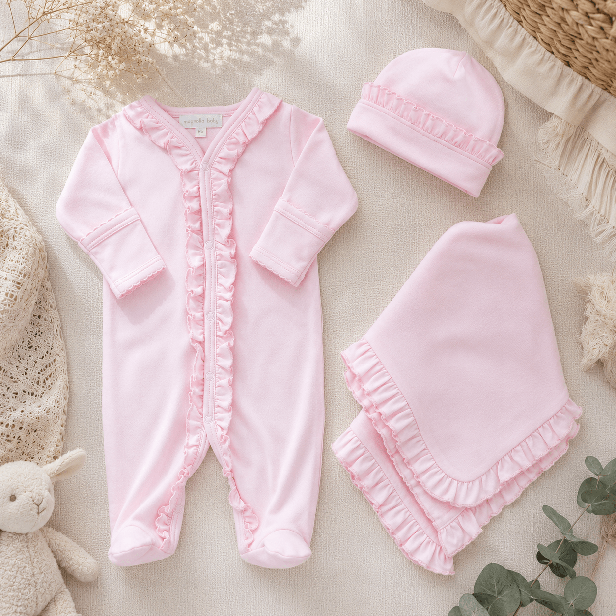Baby Girl Take Me Home Set - Pink Ruffles - Magnolia BabyFootie Gift Set