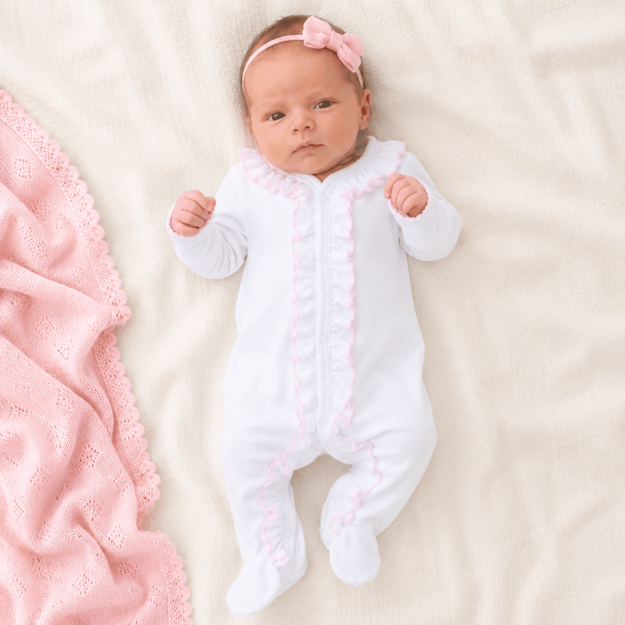 Baby Girl Take Me Home Set - White Ruffles with Pink Trim - Magnolia BabyFootie Gift Set