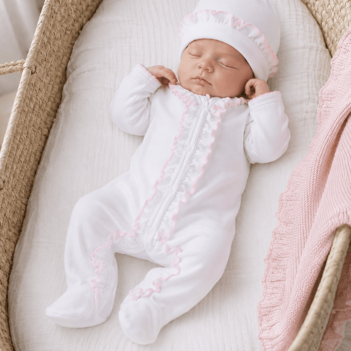 Baby Girl Take Me Home Set - White Ruffles with Pink Trim - Magnolia BabyFootie Gift Set