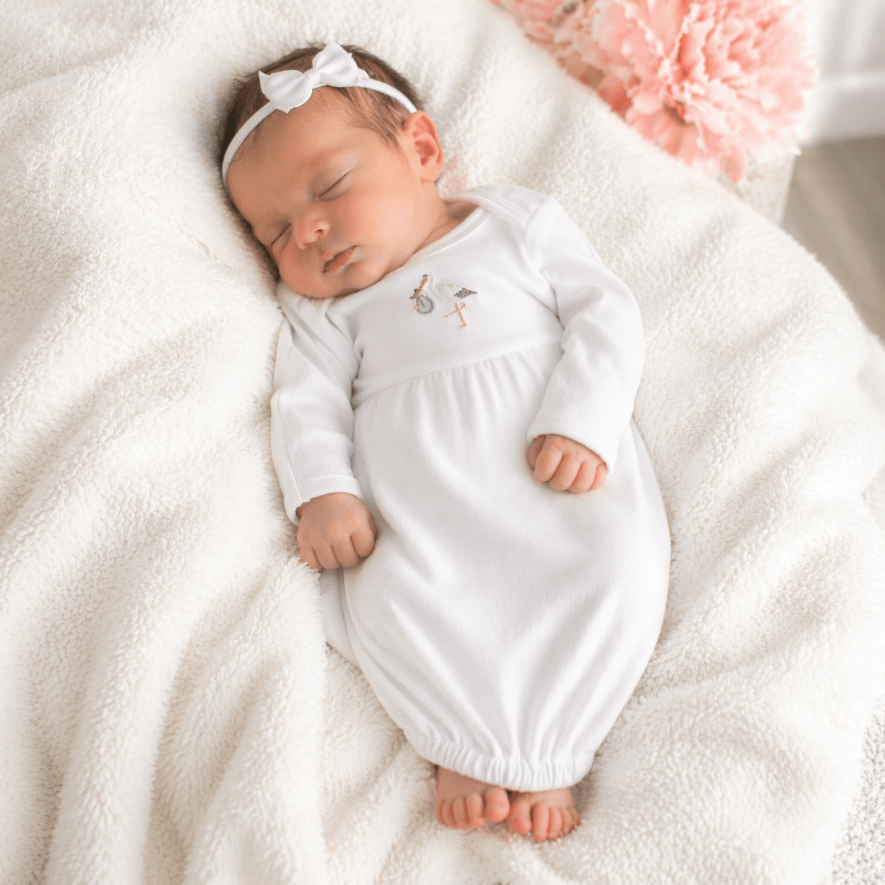 Baby Girl Vintage Stork Gown Gift Set - White Headband - Magnolia Baby