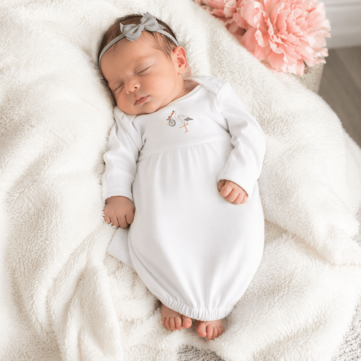 Baby Girl Vintage Stork White Gown Gift Set - Grey Headband - Magnolia BabyBaby Gift Set