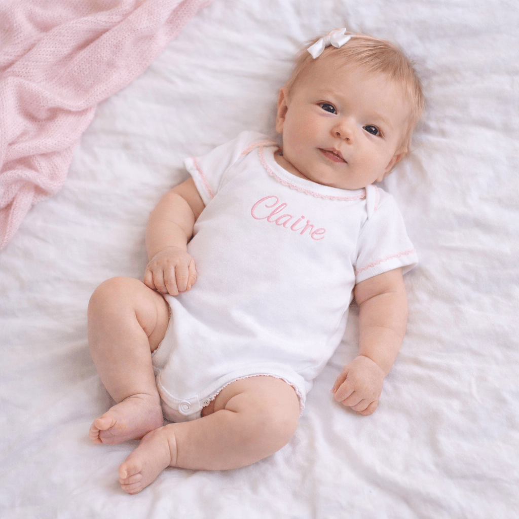 Baby Joy Bodysuit with Pink Crochet Trim - Magnolia BabyBodysuit