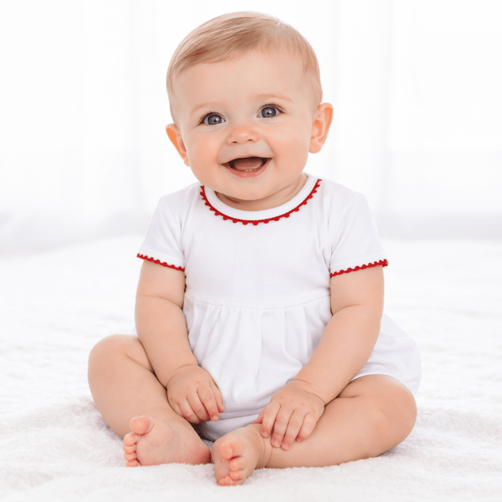 Baby Joy Boy Bubble with Red Crochet Trim - Magnolia BabyBubble