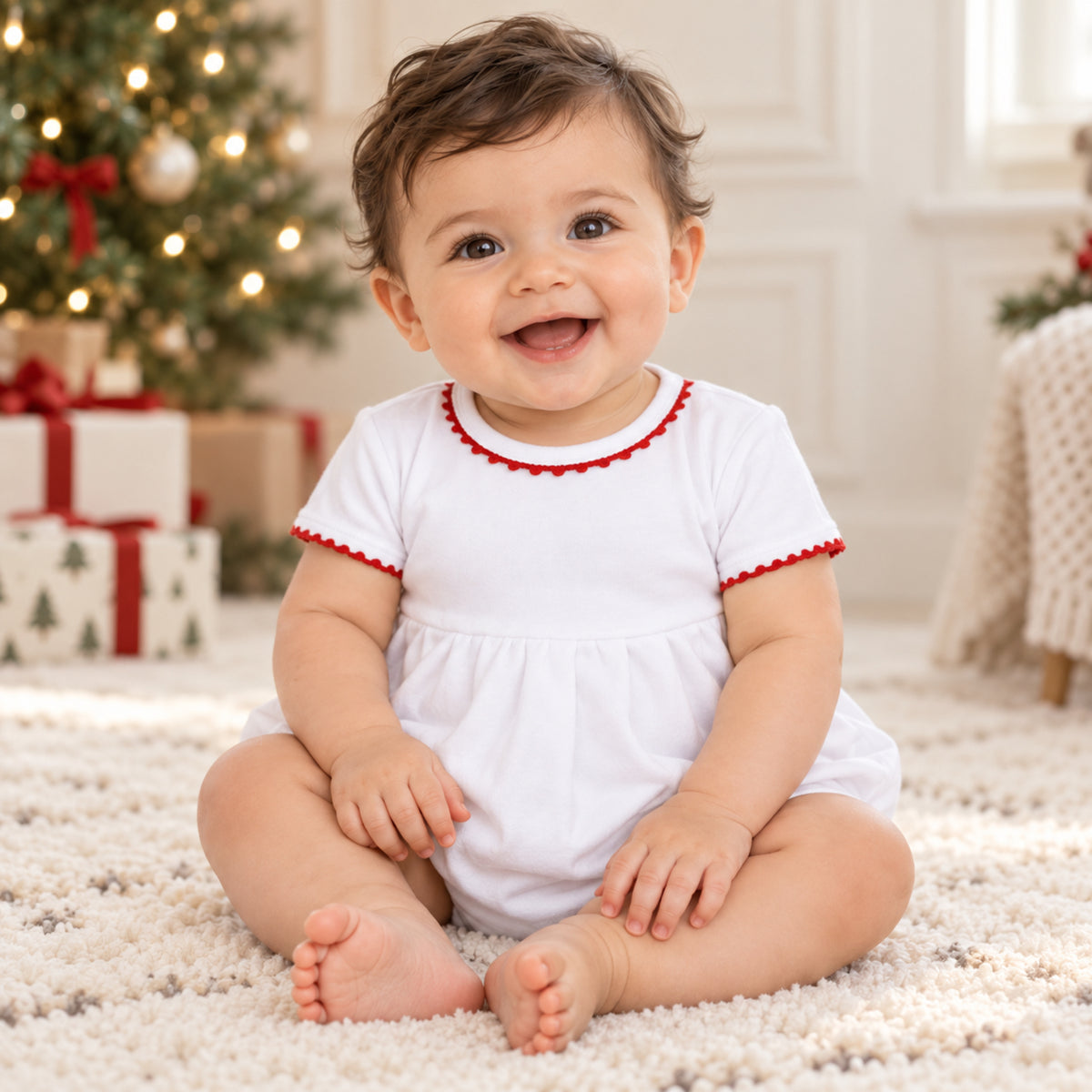 Baby Joy Boy Christmas Bubble with Red Crochet Trim