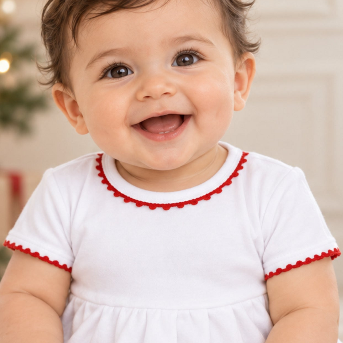 Baby Joy Boy Christmas Bubble with Red Crochet Trim