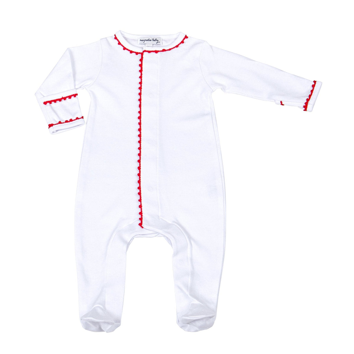Baby Joy Christmas Footie with Red Crochet Trim