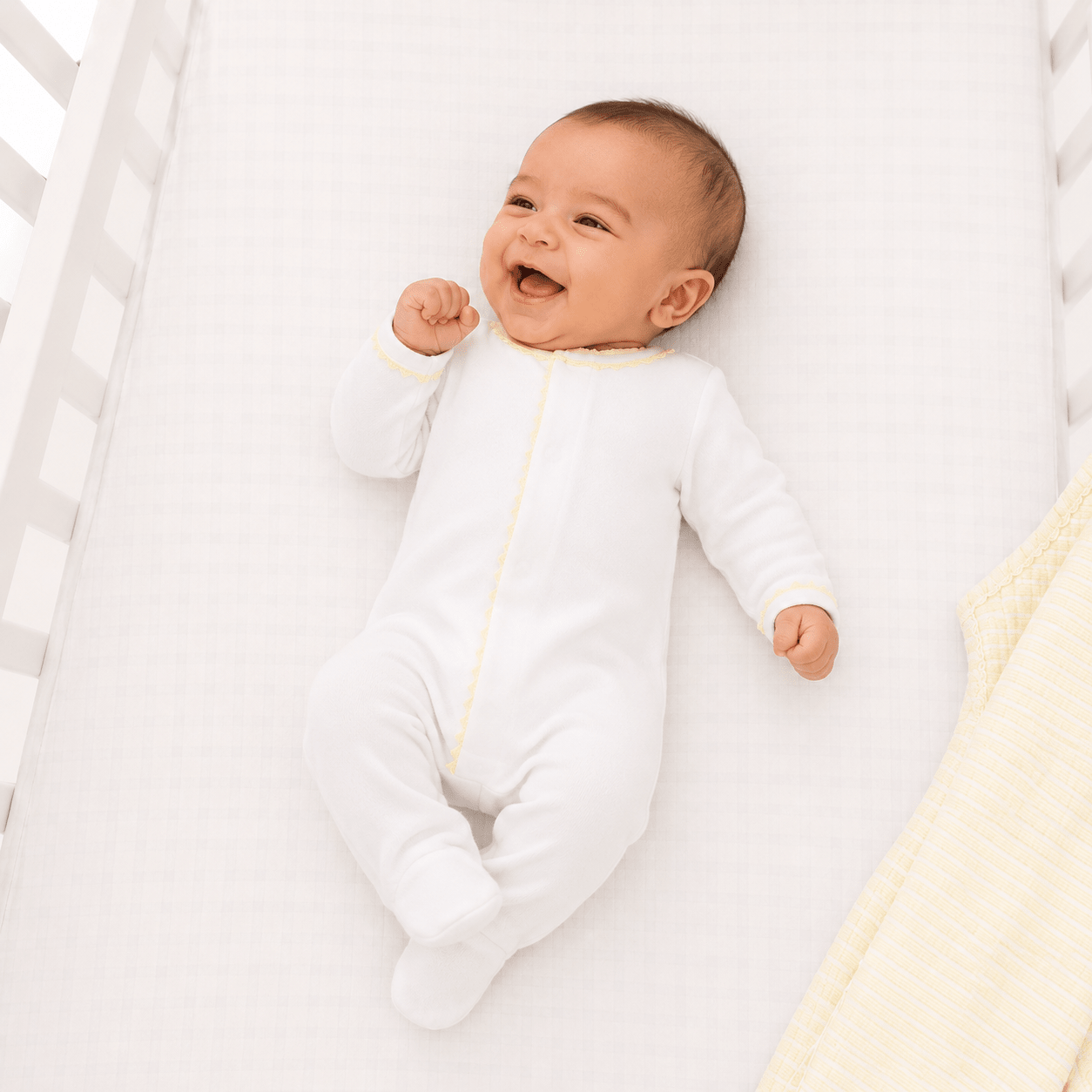 Baby Joy Footie with Yellow Crochet Trim - Magnolia BabyFootie