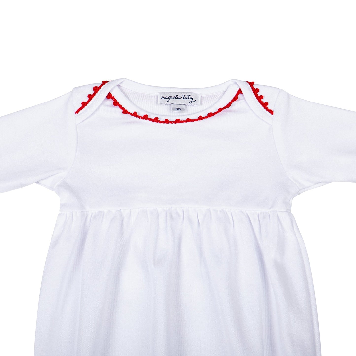 Baby Joy Gathered Gown with Red Crochet Trim - Magnolia BabyGown