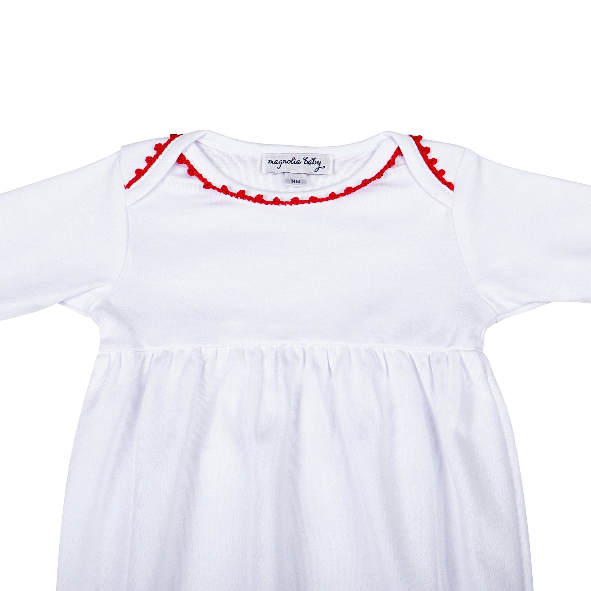 Baby Joy Gathered Gown with Red Crochet Trim - Magnolia BabyGown