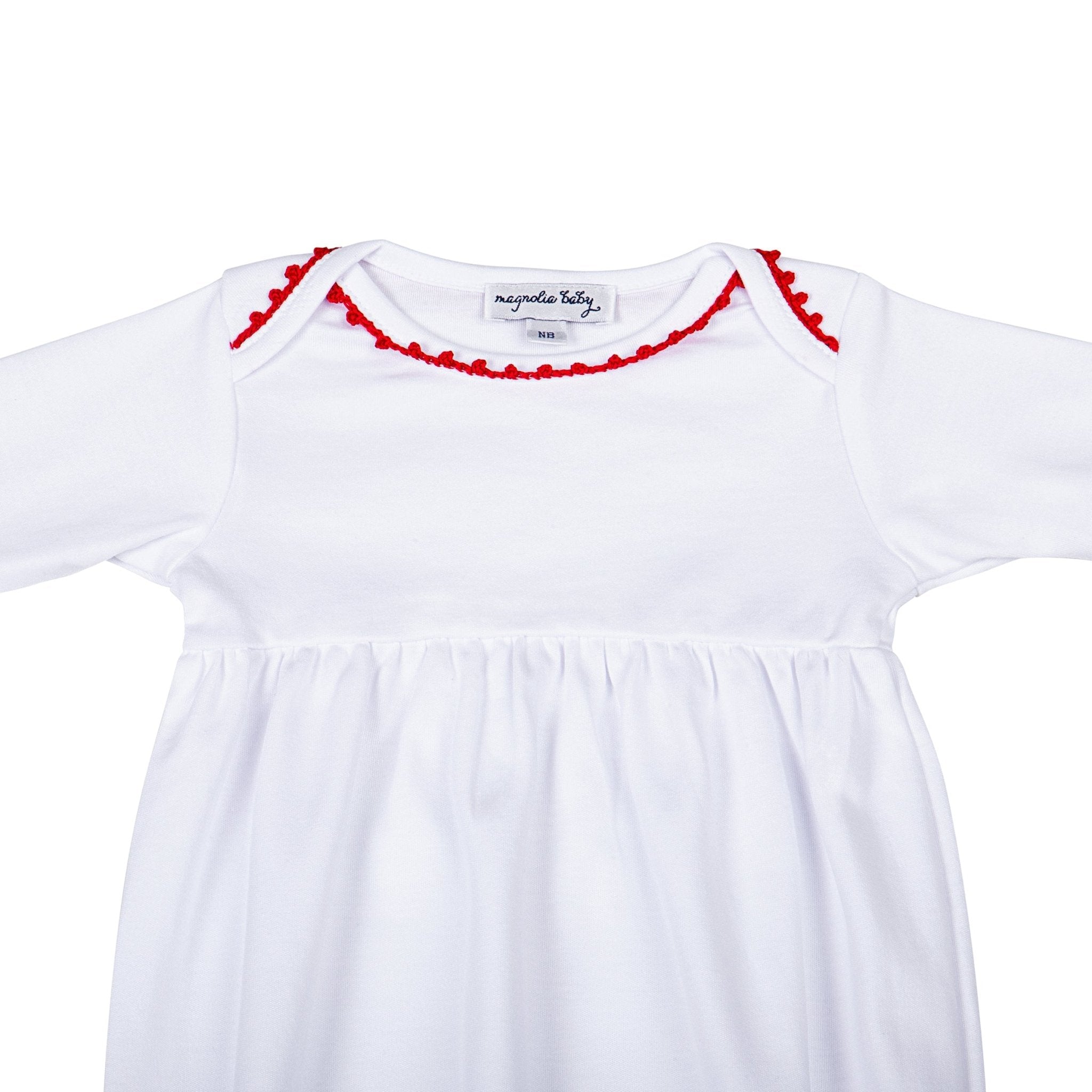 Baby Joy Gathered Gown with Red Crochet Trim - Magnolia BabyGown