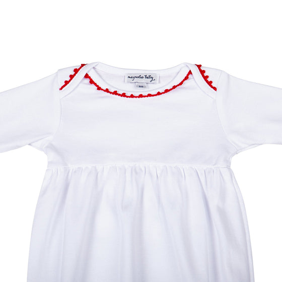 Baby Joy Gathered Gown with Red Crochet Trim - Magnolia BabyGown