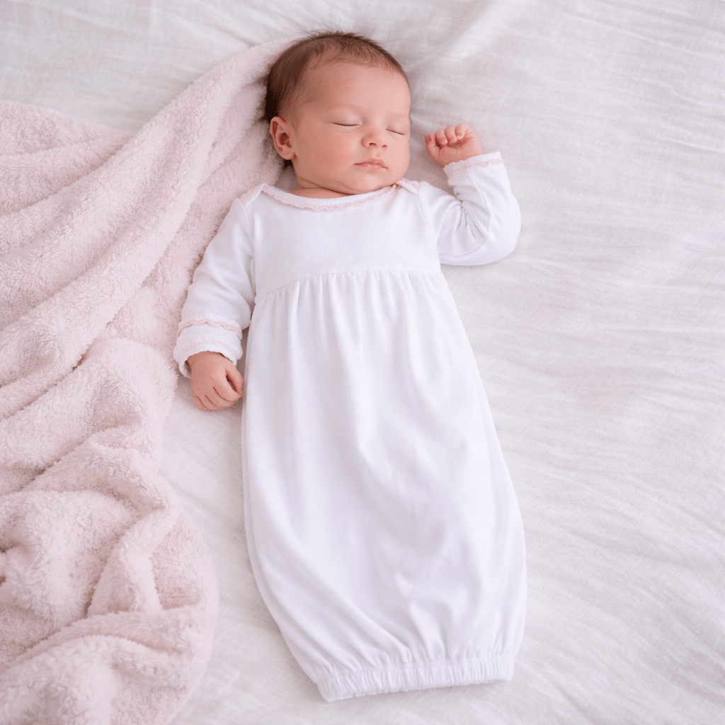Baby Joy Gown with Pink Crochet Trim - Magnolia BabyGown