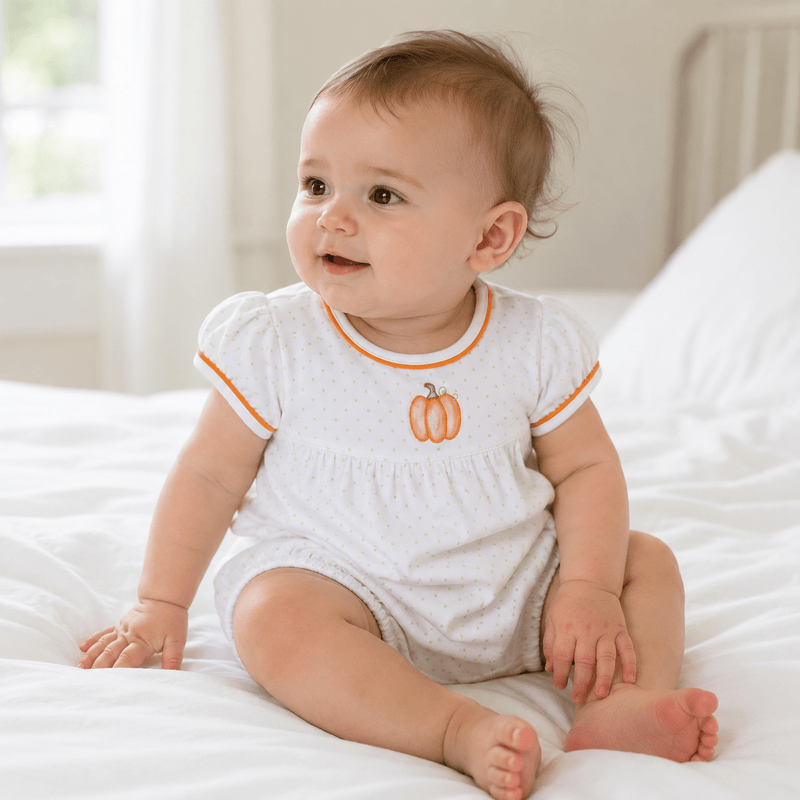 Baby Pumpkin Hand-Embroidered Ruffle Short Sleeve Bubble
