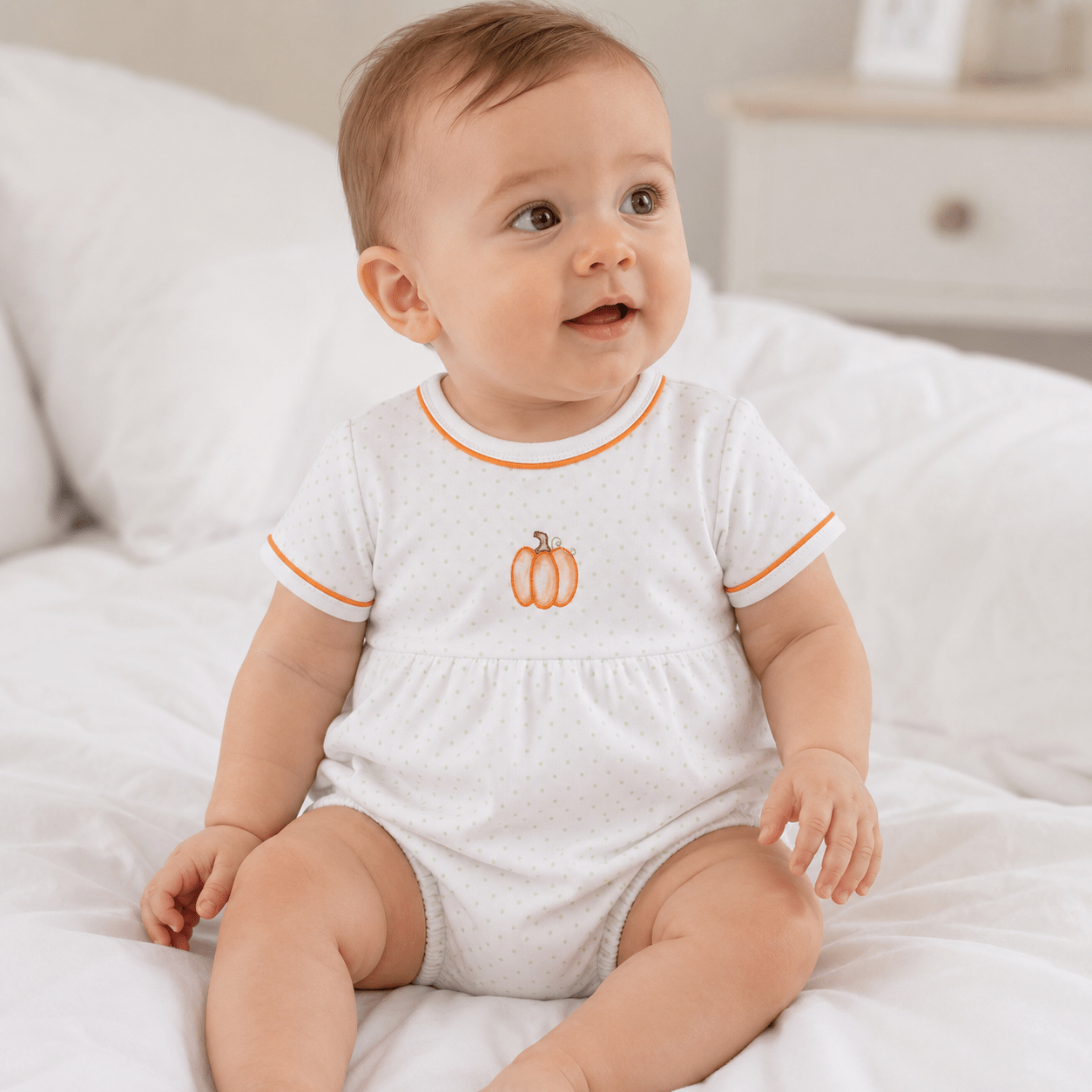 Magnolia Baby_Baby Pumpkin Hand-Embroidered Short Sleeve Boy Bubble_1