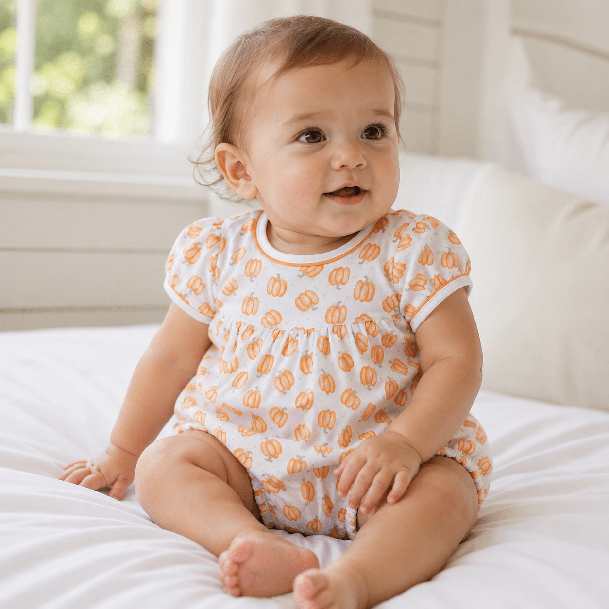 Magnolia Baby_Baby Pumpkin Print Ruffle Short Sleeve Bubble_1