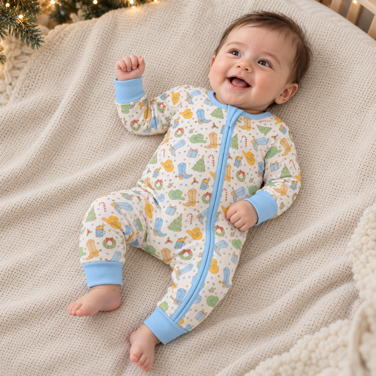 Cowboy Christmas Zip Playsuit - Sky