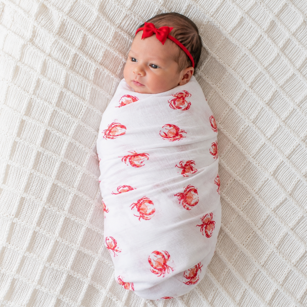 Baby Girl Swaddle Set - Pink Crab - Red Headband