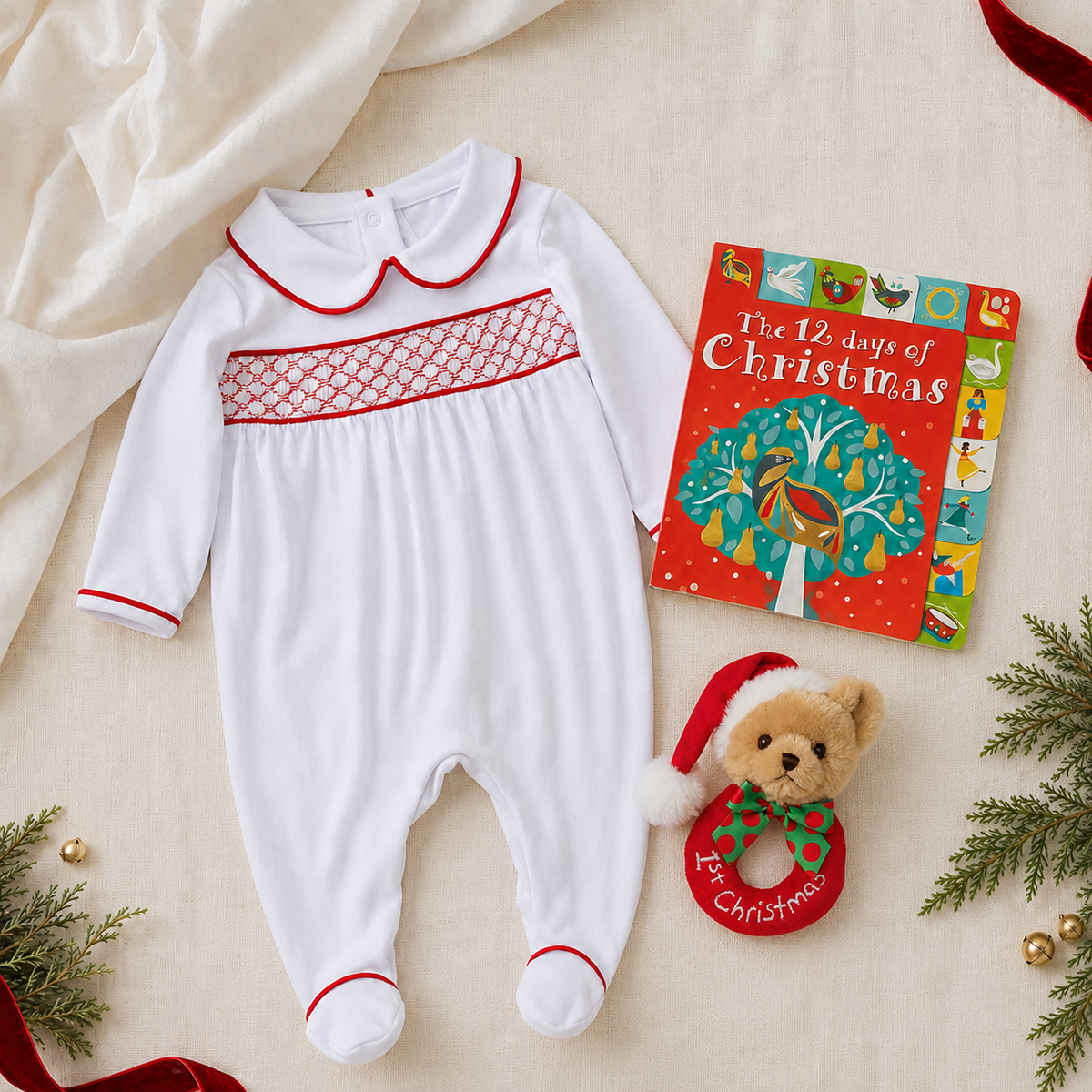 Baby Girl Smocked Christmas Footie Gift Set - White with Red Trim