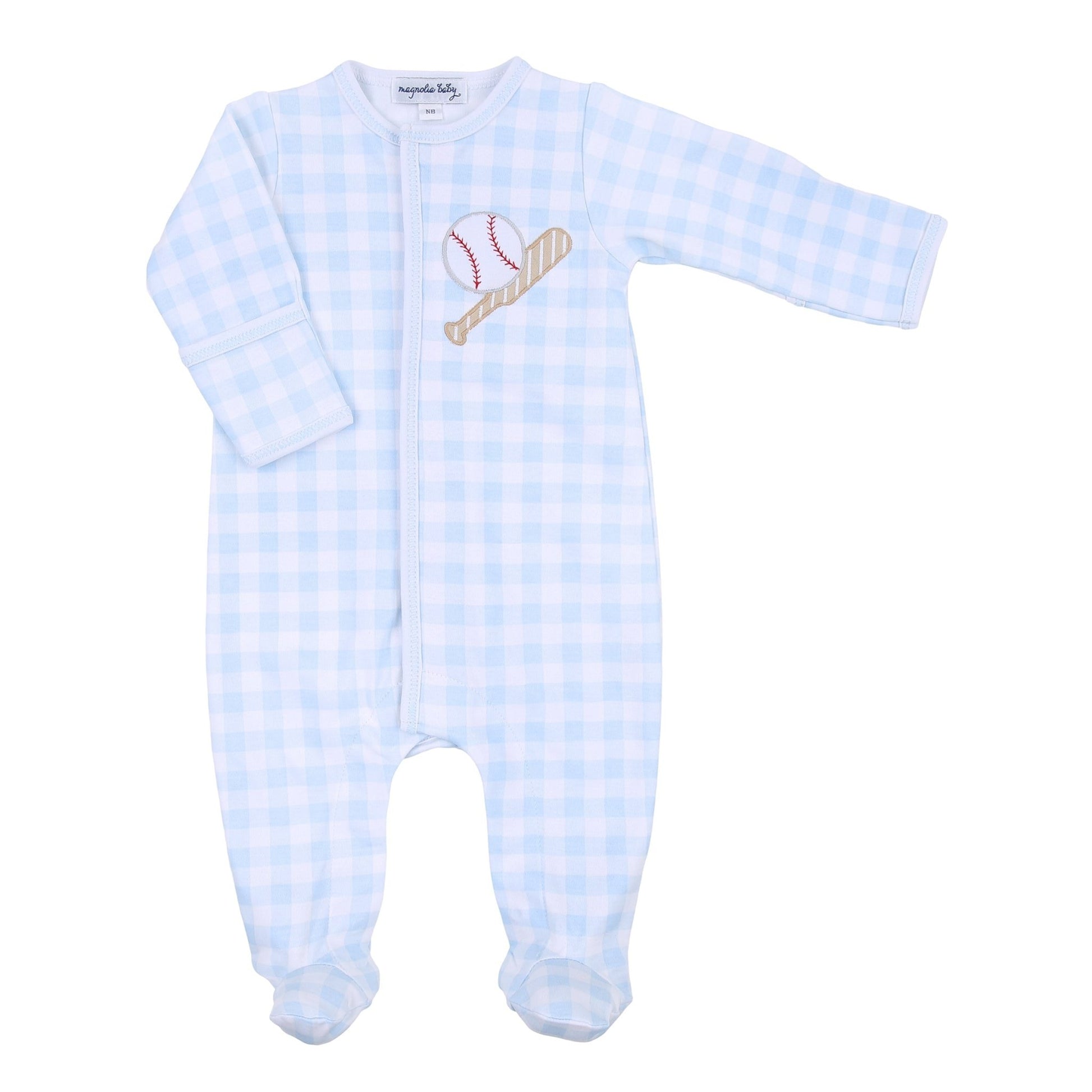 Batter Up Applique Blue Footie - Magnolia BabyFootie