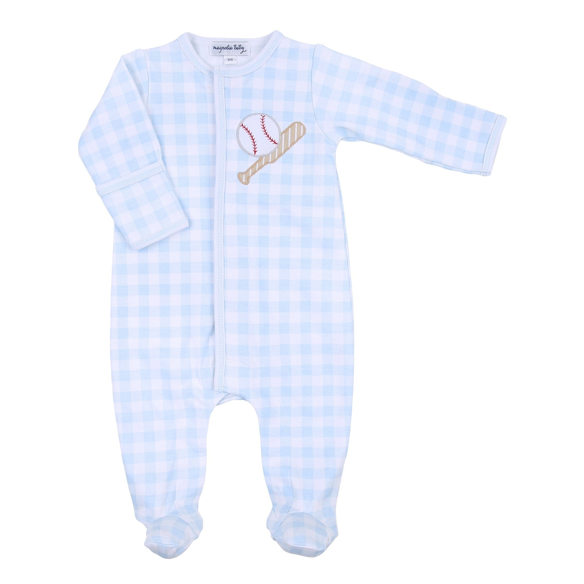 Batter Up Applique Blue Footie - Magnolia BabyFootie