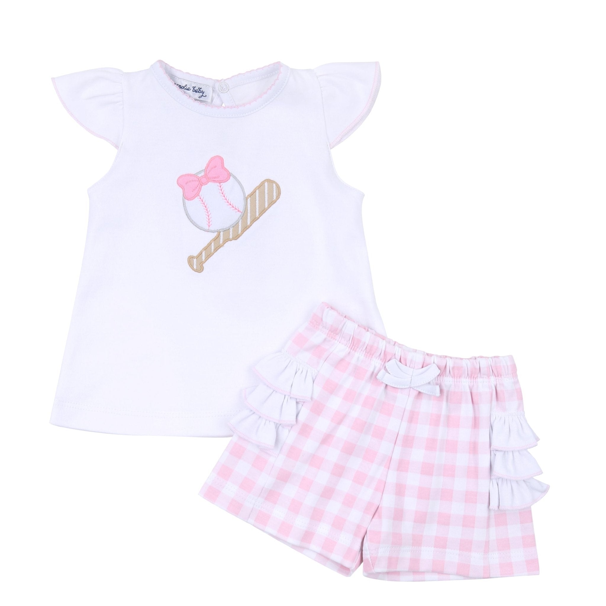 Batter Up Applique Pink Ruffle Flutters Short Set - Magnolia BabyShort Set
