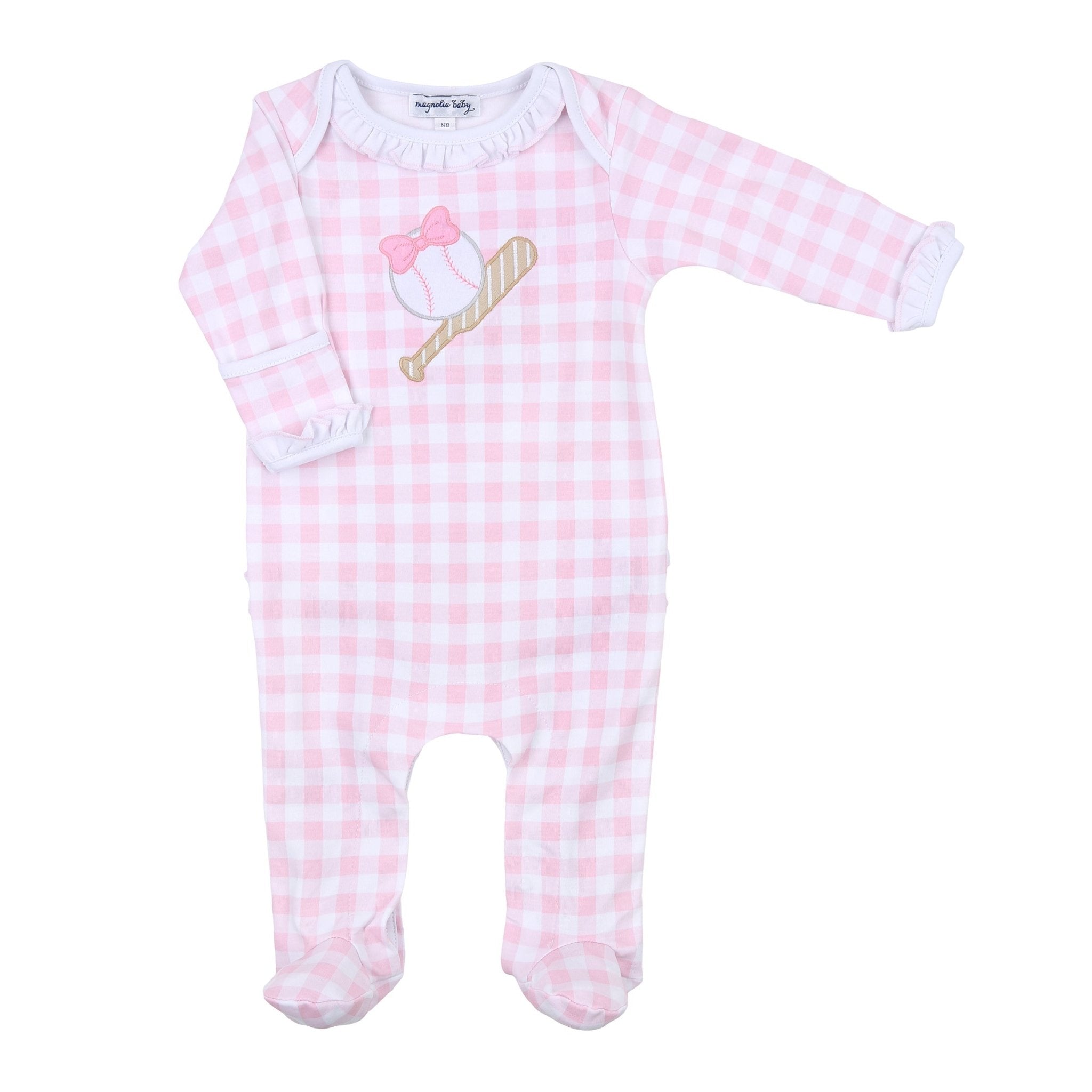 Batter Up Applique Pink Ruffle Lap Footie - Magnolia BabyFootie