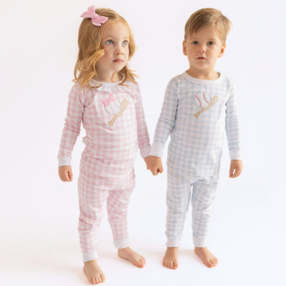Batter Up Applique Pink Ruffle Long Pajamas - Magnolia BabyLong Pajamas