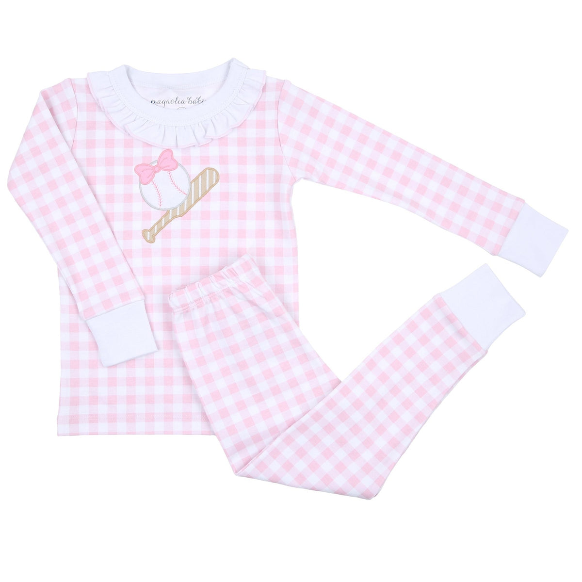 Batter Up Applique Pink Ruffle Long Pajamas - Magnolia BabyLong Pajamas