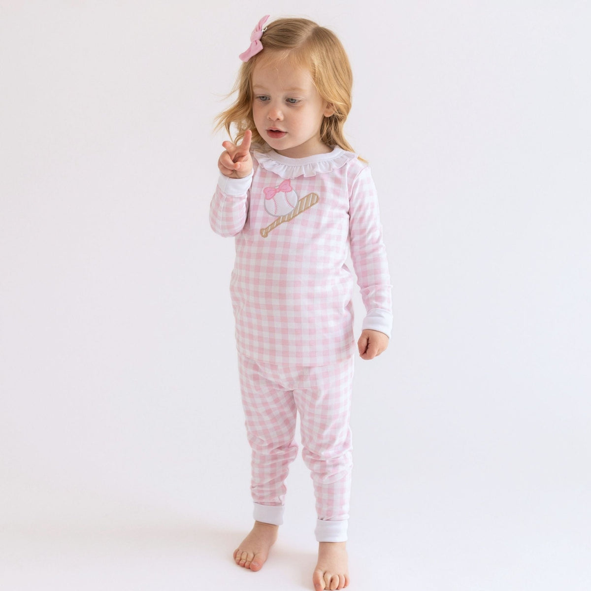 Batter Up Applique Pink Ruffle Long Pajamas - Magnolia BabyLong Pajamas