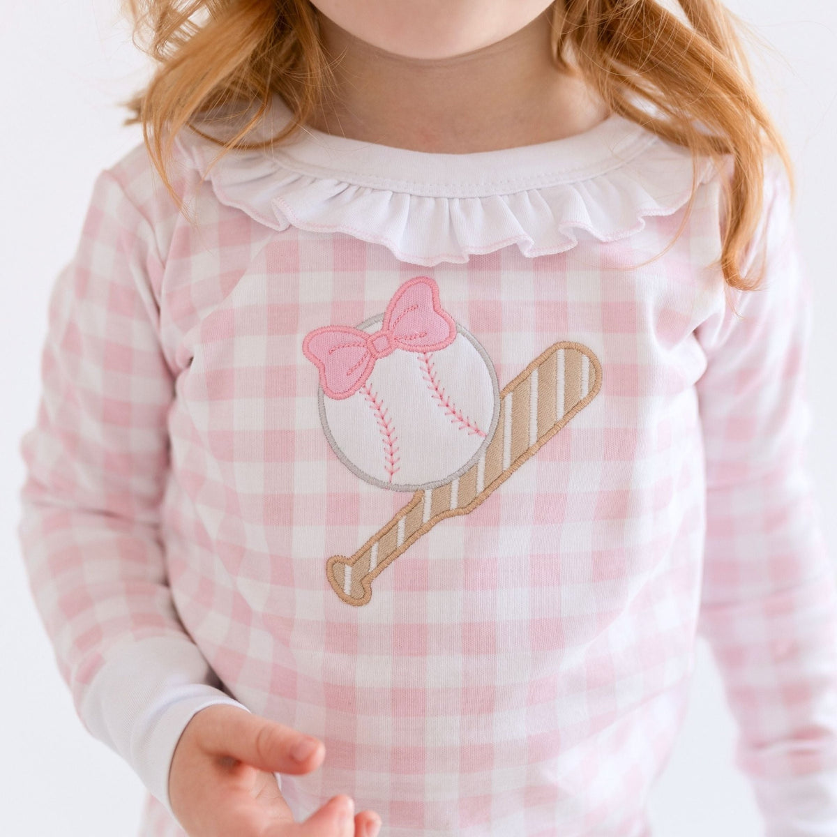Batter Up Applique Pink Ruffle Long Pajamas - Magnolia BabyLong Pajamas