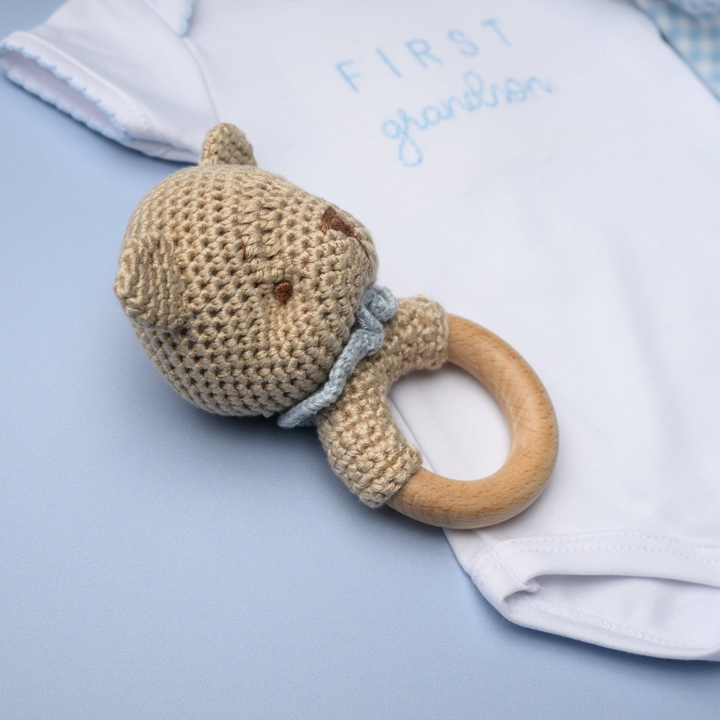 Bear Bamboo Crochet Woodring Rattle - Blue - Magnolia BabyRattle