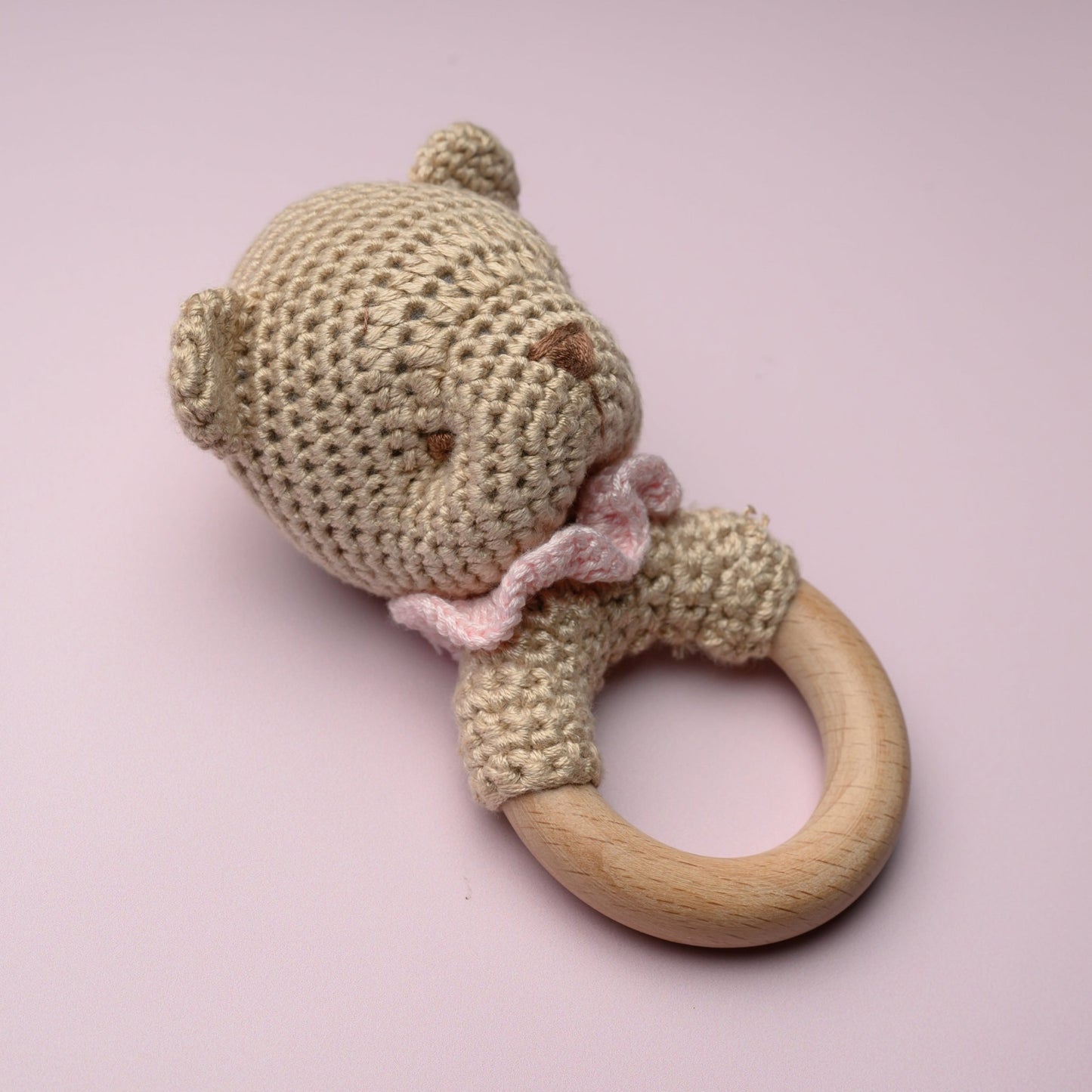 Bear Bamboo Crochet Woodring Rattle - Pink - Magnolia BabyRattle