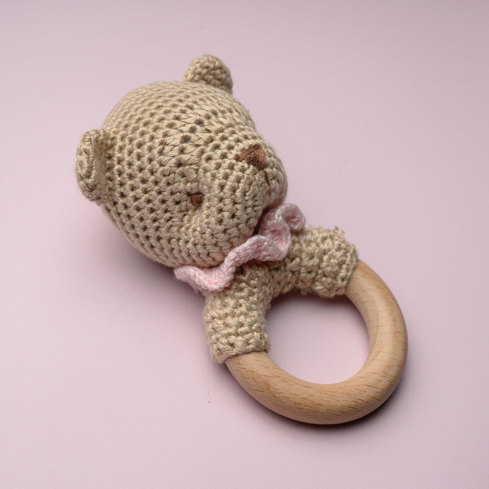 Bear Bamboo Crochet Woodring Rattle - Pink - Magnolia BabyRattle