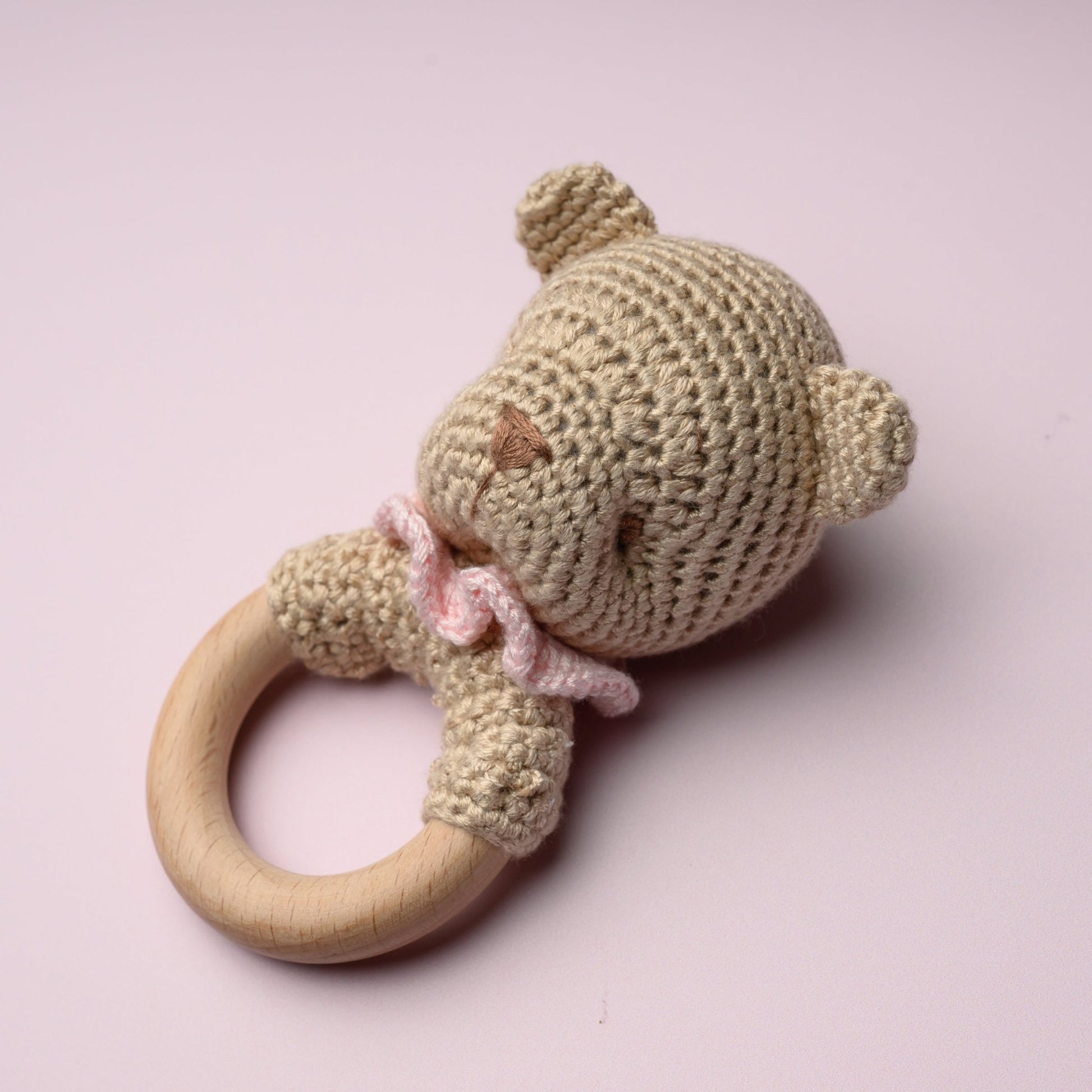 Bear Bamboo Crochet Woodring Rattle - Pink - Magnolia BabyRattle
