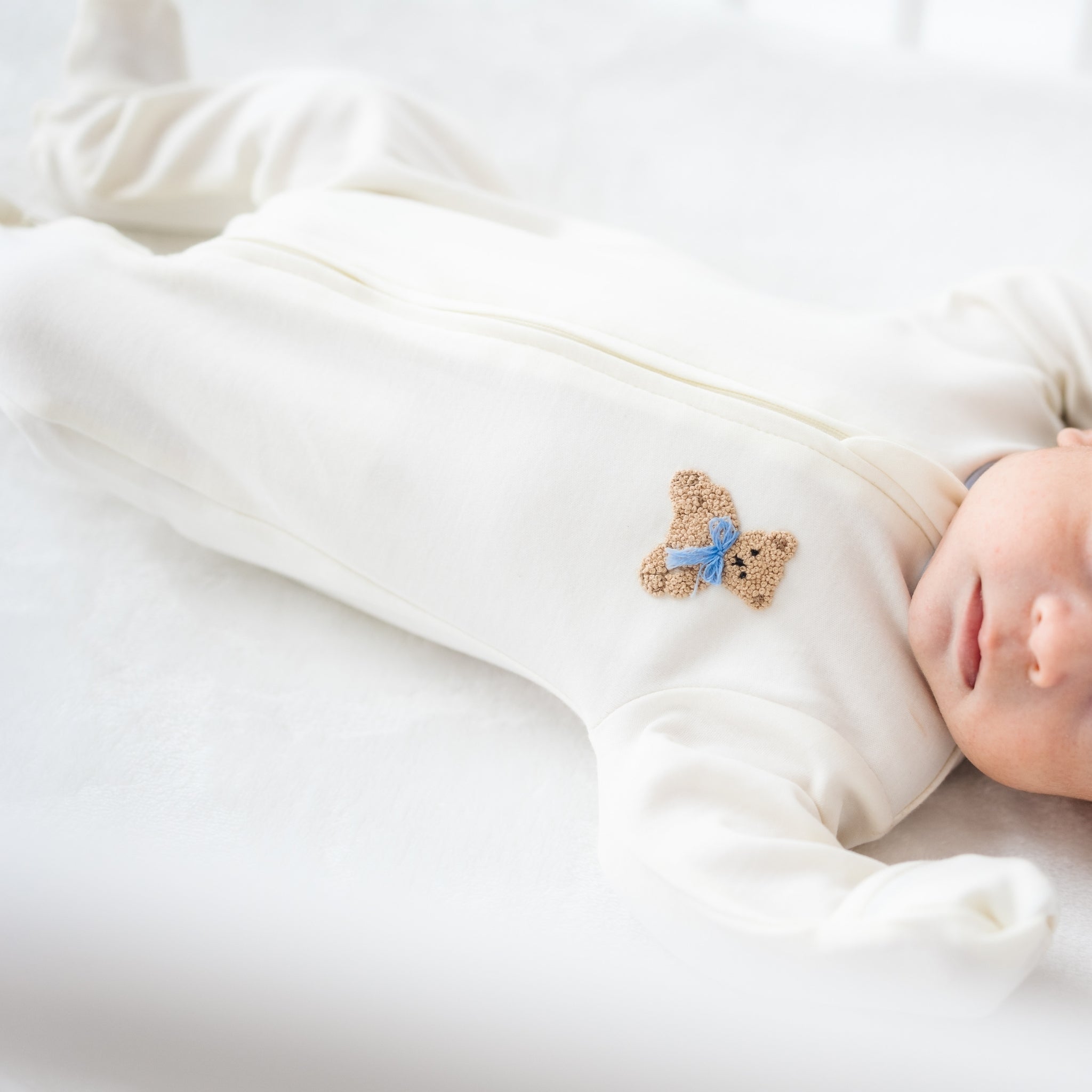 Bear Hugs Hand Embroidered Zip Footie - Sky - Magnolia BabyFootie