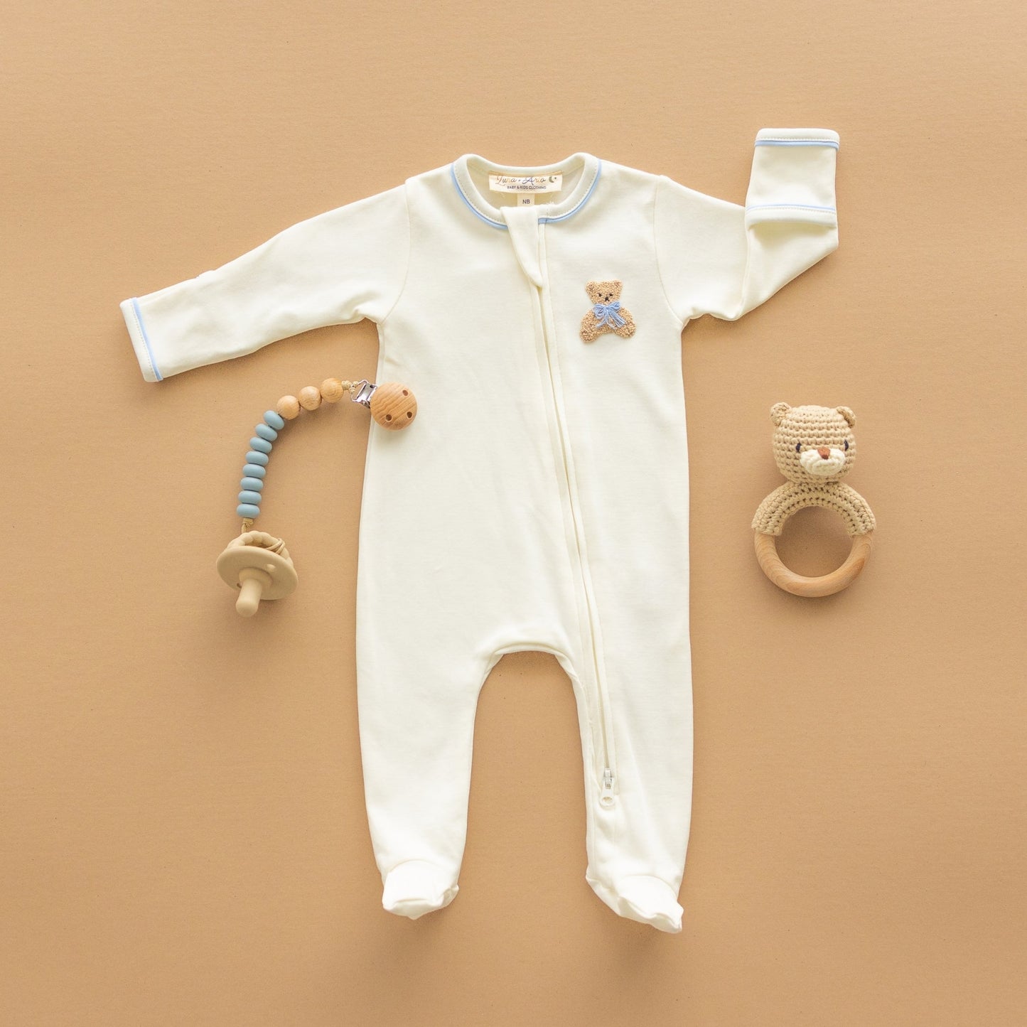 Bear Hugs Hand Embroidered Zip Footie - Sky - Magnolia BabyFootie