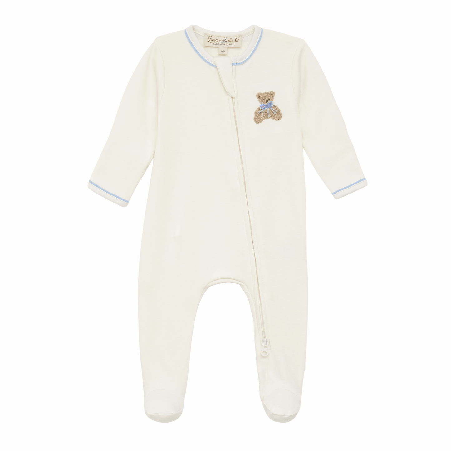 Bear Hugs Hand Embroidered Zip Footie - Sky - Magnolia BabyFootie